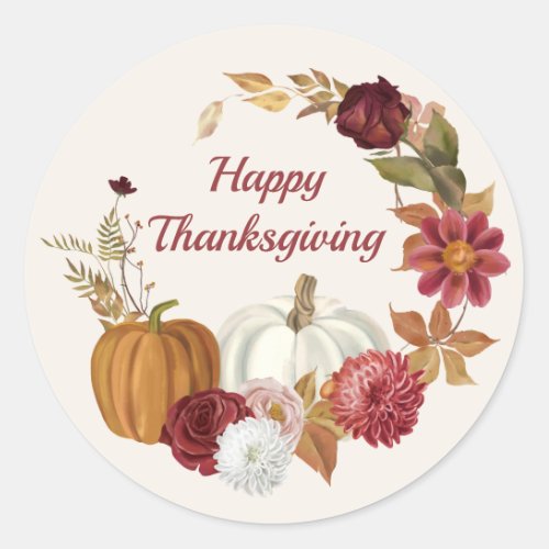 Happy Thanksgiving Pumpkins Floral Burgundy Orange Classic Round Sticker