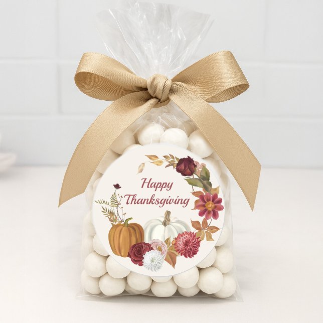 Happy Thanksgiving Pumpkins Floral Burgundy Orange Classic Round Sticker ("Happy Thanksgiving" sticker )