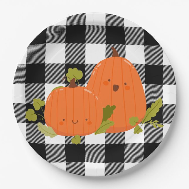 Happy Thanksgiving Pumpkins On Plaid Paper Plates (Front)