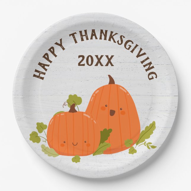 Happy Thanksgiving Pumpkins On Wood Paper Plates (Front)