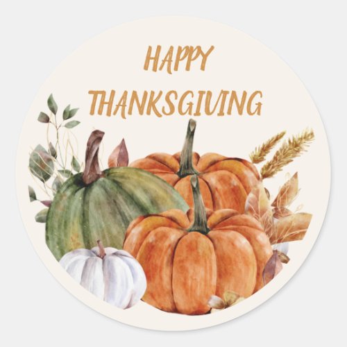 Happy Thanksgiving Pumpkins Orange Green White Classic Round Sticker