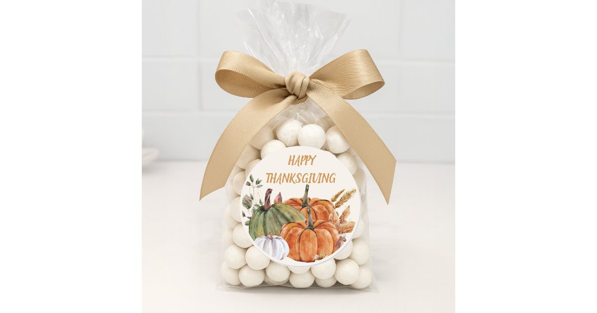 Happy Thanksgiving Pumpkins Orange Green White Classic Round Sticker ...