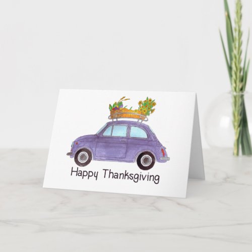 Happy Thanksgiving Purple Retro Fiat 500 Card