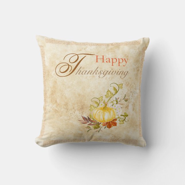 Happy Thanksgiving Quote Decorative Pumpkin Image Throw Pillow (Front)