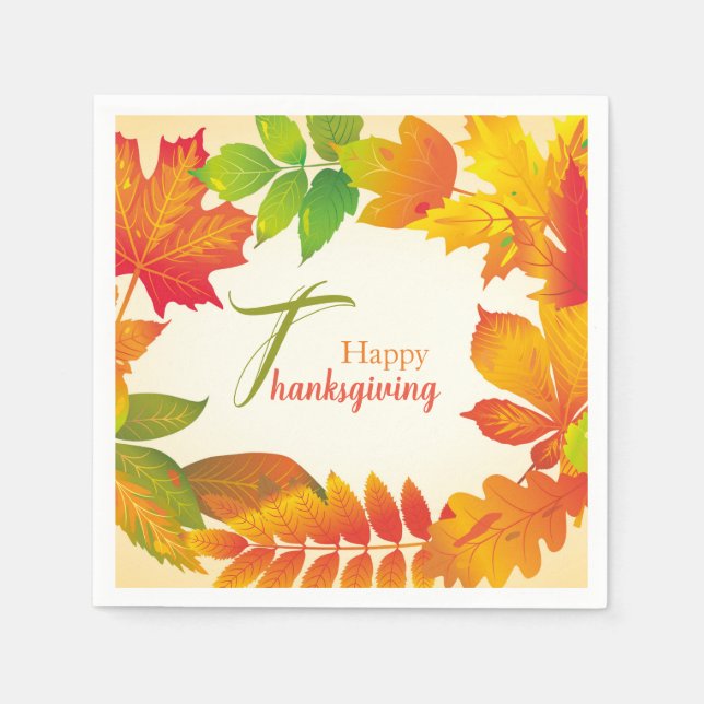 Happy Thanksgiving Quote Fall Leaves Wreath Paper Napkins (Front)