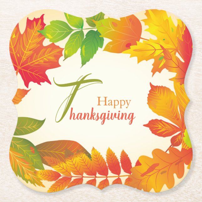 Happy Thanksgiving Quote Orange Fall Leaves Wreath Paper Coaster (Front)