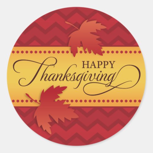 Happy Thanksgiving red chevron pattern autumn leaf Classic Round Sticker