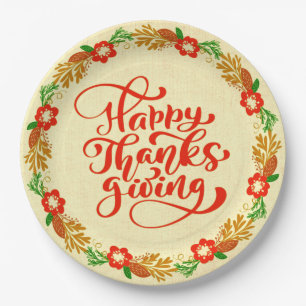 Happy Thanksgiving Red Gold Wreath 9" Paper Plates