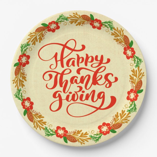 Happy Thanksgiving Red Gold Wreath 9" Paper Plates (Front)