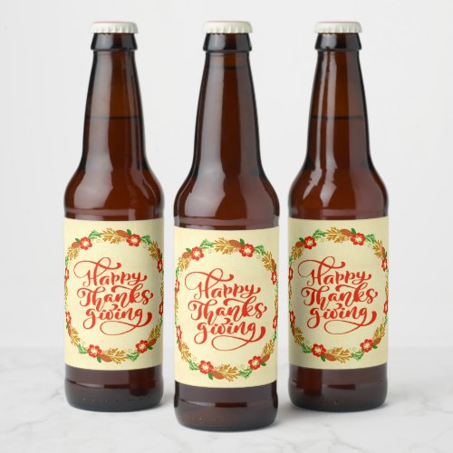 Happy Thanksgiving Red Gold Wreath Beer Bottle Label