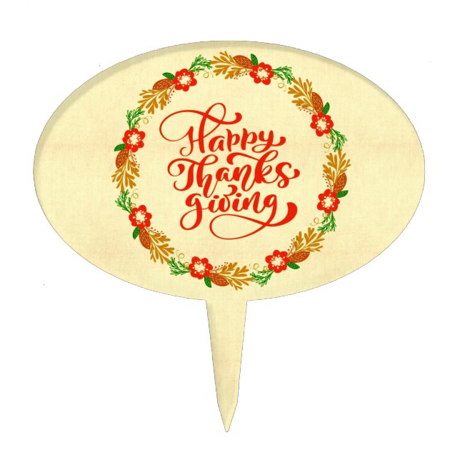 Happy Thanksgiving Red Gold Wreath Cake Topper (Front)