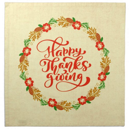Happy Thanksgiving Red Gold Wreath Cloth Napkin