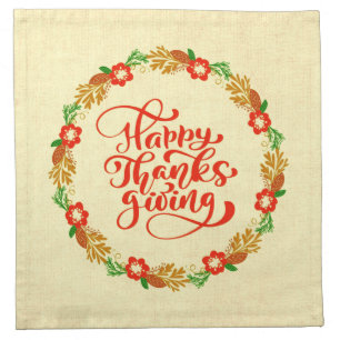 Happy Thanksgiving Red Gold Wreath Cocktail Cloth Napkin