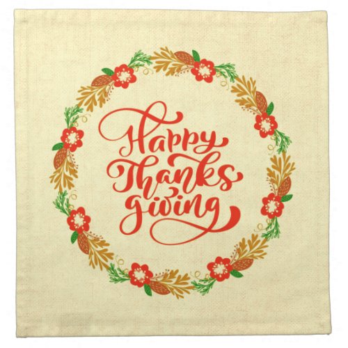 Happy Thanksgiving Red Gold Wreath Cocktail  Cloth Napkin
