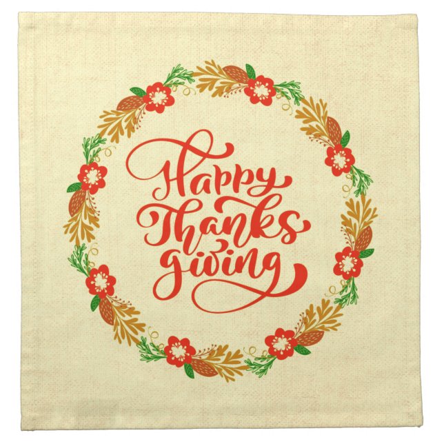 Happy Thanksgiving Red Gold Wreath Cocktail  Cloth Napkin (Front)