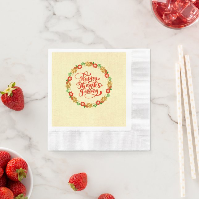 Happy Thanksgiving Red Gold Wreath Cocktail Napkins (Insitu)