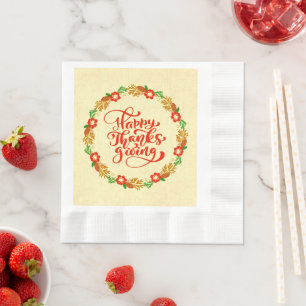 Happy Thanksgiving Red Gold Wreath Coined Luncheon Napkins