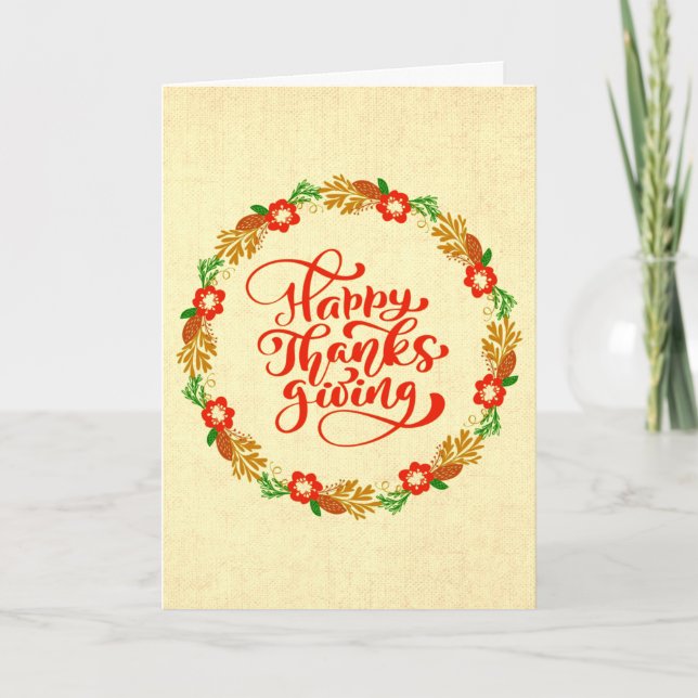 Happy Thanksgiving Red Gold Wreath Greeting Card (Front)