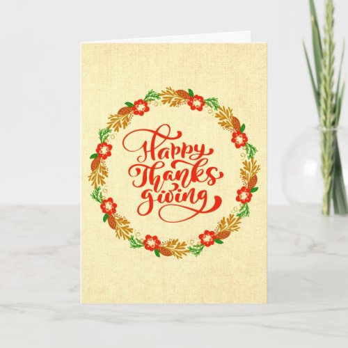 Happy Thanksgiving Red Gold Wreath Greeting Card