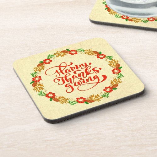 Happy Thanksgiving Red Gold Wreath Hard Beverage Coaster