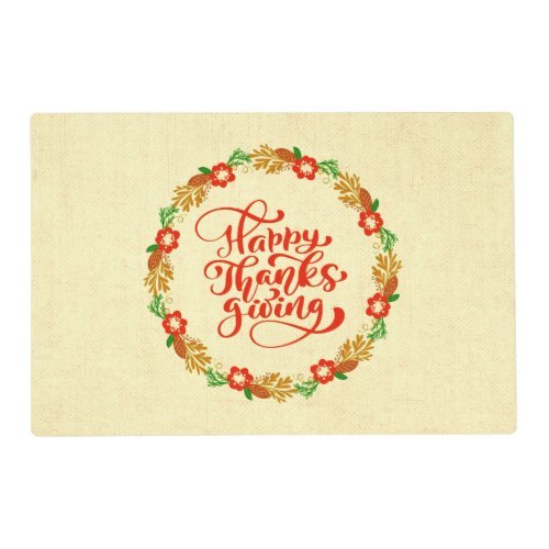 Happy Thanksgiving Red Gold Wreath Laminated Placemat