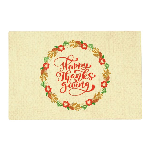 Happy Thanksgiving Red Gold Wreath Laminated Placemat (Front)