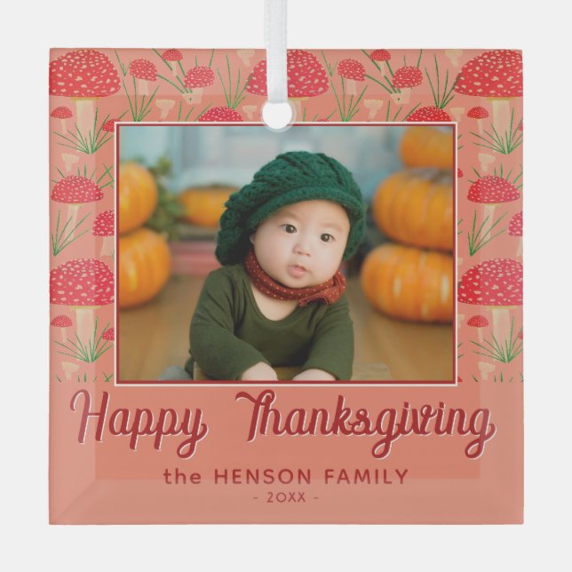 Happy Thanksgiving Red Mushroom Fall Photo Glass Ornament (Front)