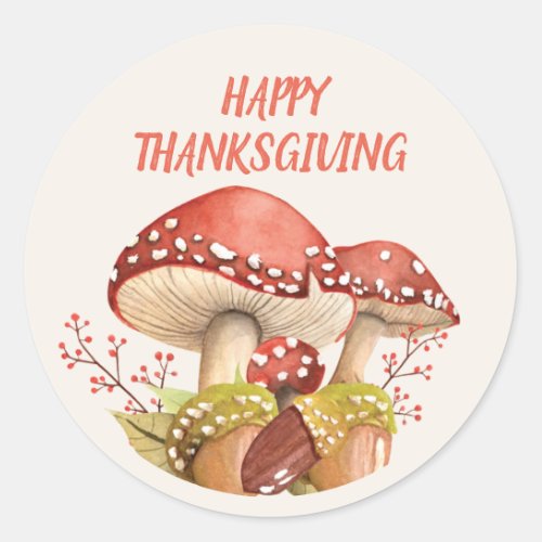 Happy Thanksgiving Red Mushrooms Autumn Fall Classic Round Sticker