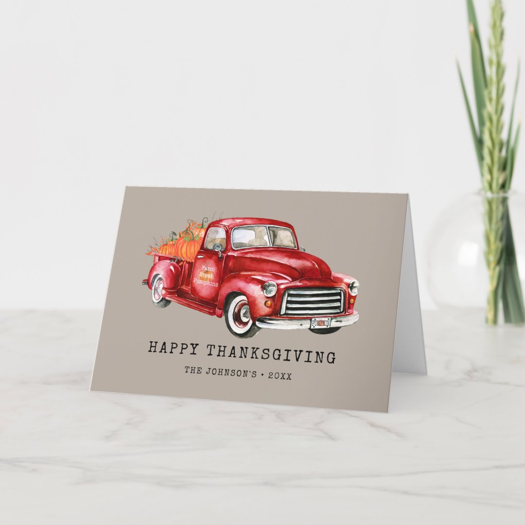 Happy Thanksgiving Red Truck Pumpkins Photo Holiday Card | Zazzle