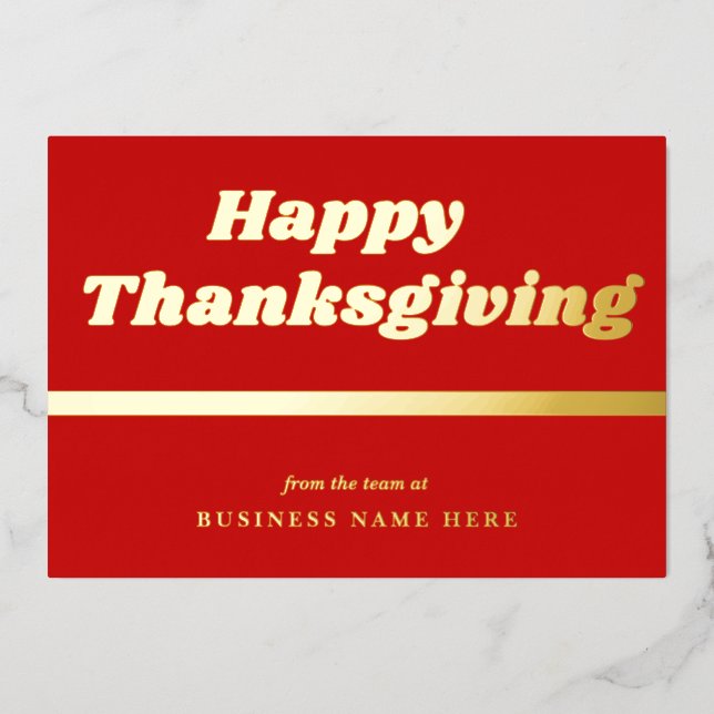 Happy Thanksgiving Retro Red Gold Business Foil Holiday Card (Front)