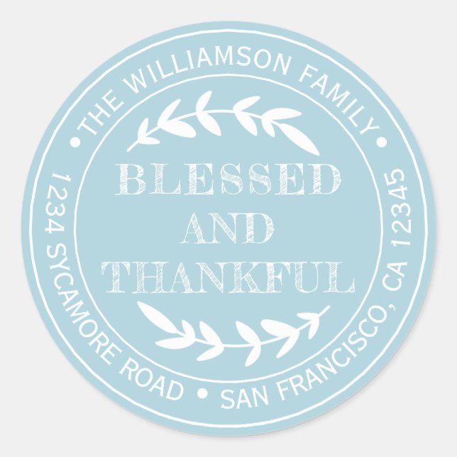 Happy Thanksgiving Return Address Blue Glow Classic Round Sticker (Front)