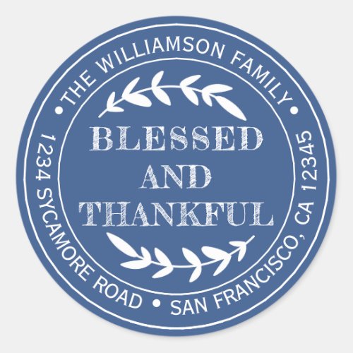Happy Thanksgiving Return Address Classic Blue Classic Round Sticker