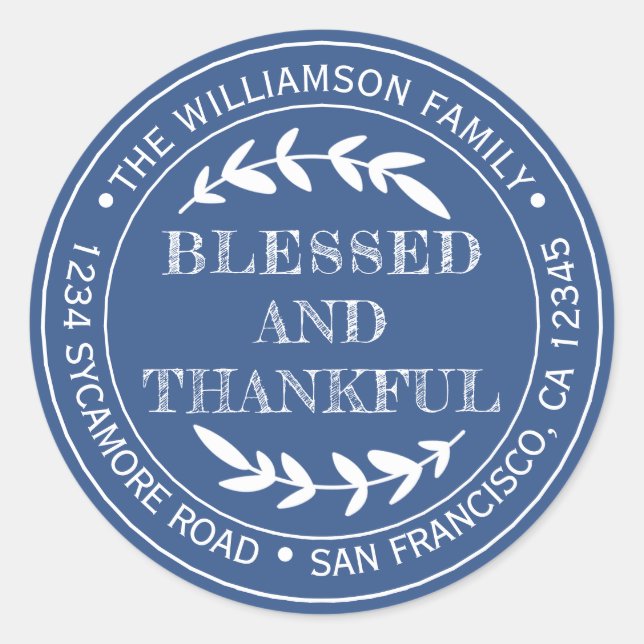 Happy Thanksgiving Return Address Classic Blue Round Sticker (Front)