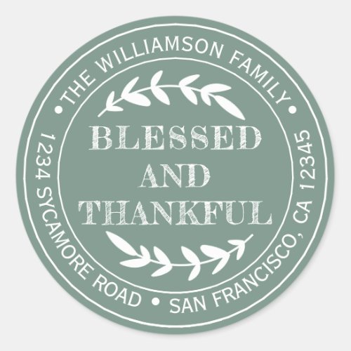 Happy Thanksgiving Return Address Dusty Green Classic Round Sticker