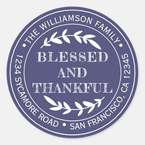 Happy Thanksgiving Return Address Navy Blue Classic Round Sticker