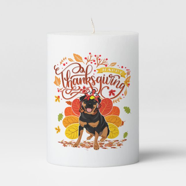 Happy Thanksgiving Rottweiler Dog Owner Gift Pillar Candle (Front)