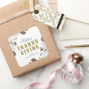 Happy Thanksgiving Rustic Autumn Leaves And Swirls Square Sticker