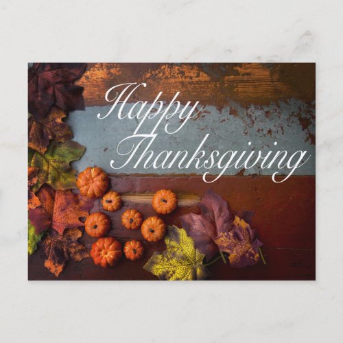 Happy Thanksgiving Rustic Autumn Leaves Gourds Postcard