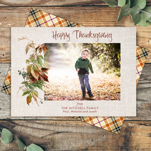Happy Thanksgiving Rustic Autumn Leaves Photo Holiday Card