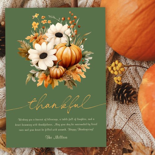 Happy Thanksgiving Rustic Floral Olive Green Holiday Card