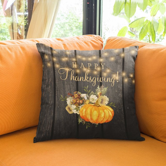 Happy Thanksgiving rustic pumpkin floral wood Throw Pillow (Creator Uploaded)
