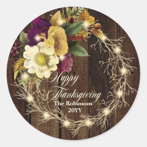 Happy Thanksgiving _ Rustic Woodsy Lighted Wreath  Classic Round Sticker