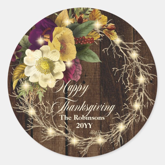 Happy Thanksgiving - Rustic Woodsy Lighted Wreath  Classic Round Sticker (Front)