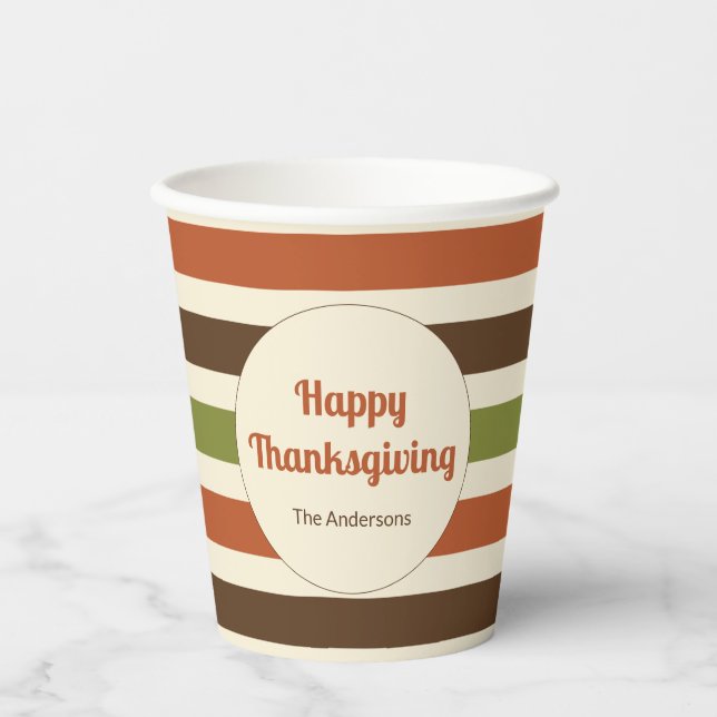 Happy Thanksgiving Script Autumn Colors Stripes Paper Cups (Front)