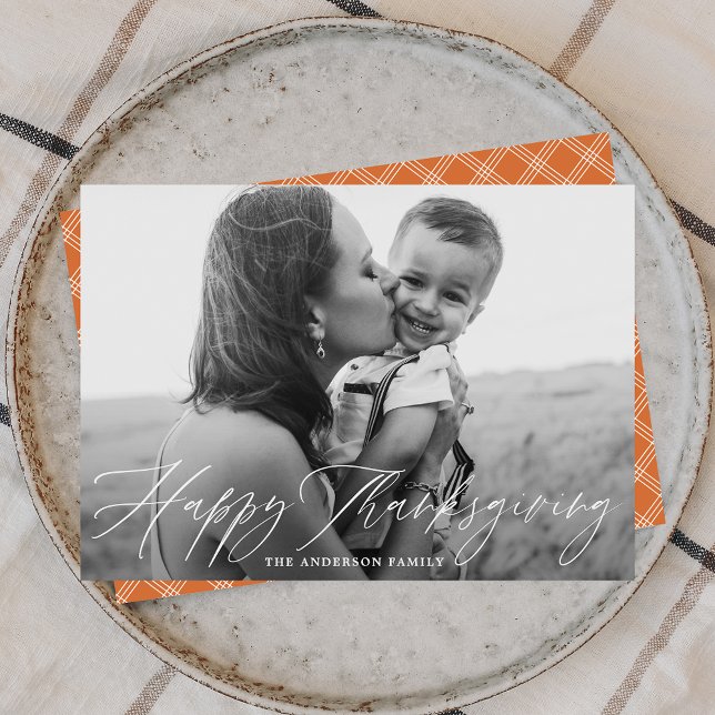 Happy Thanksgiving Script Orange Plaid Photo Holiday Card (Creator Uploaded)