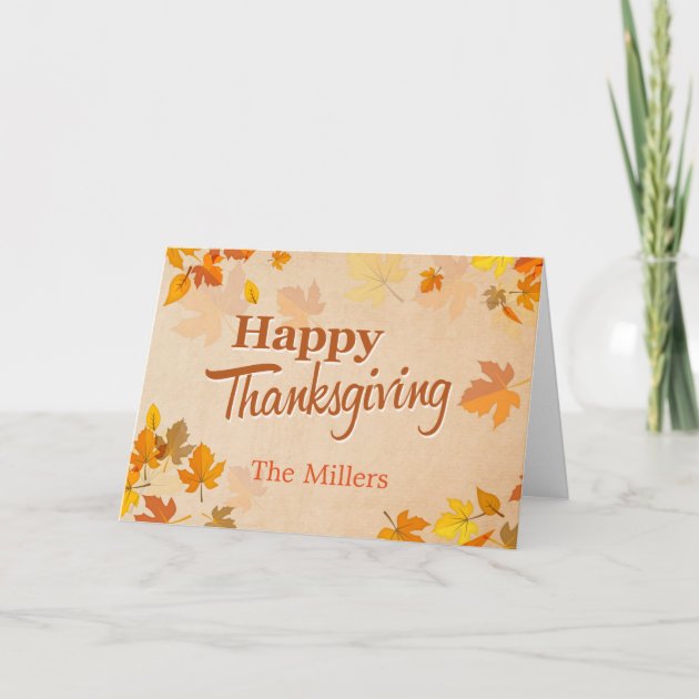 Happy Thanksgiving Script Vintage Autumn Leaves Holiday Card