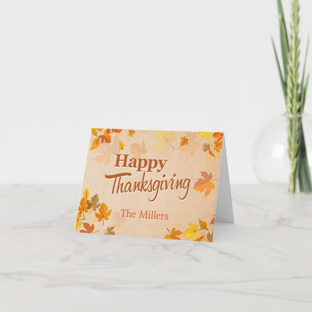 Happy Thanksgiving Script Vintage Autumn Leaves Holiday Card (Front)