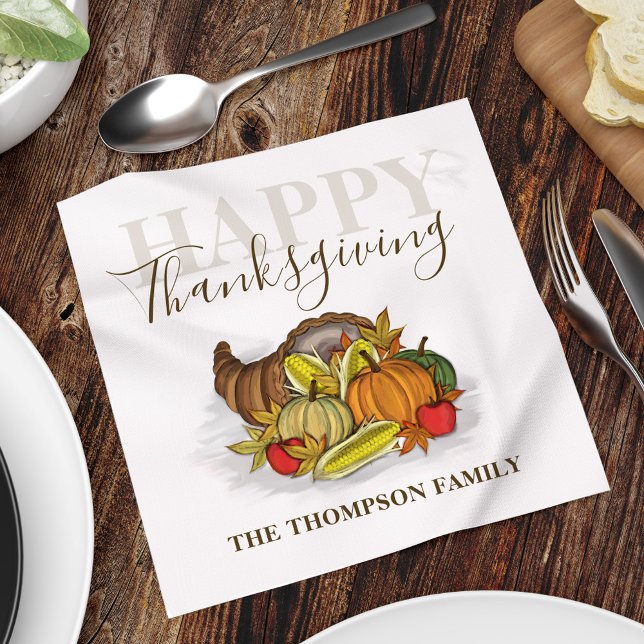 Happy Thanksgiving Simple Autumn Harvest Custom Napkins (Happy Thanksgiving cornucopia custom Holiday paper napkin, )