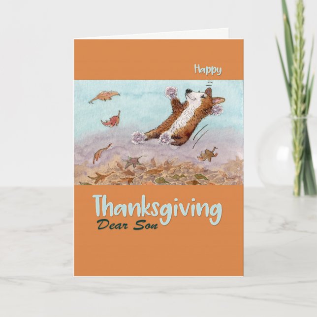 Happy Thanksgiving Son, Corgi dog in Autumn Holiday Card (Front)