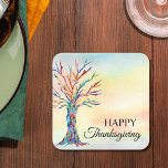 Happy Thanksgiving Square Paper Coaster<br><div class="desc">These Happy Thanksgiving paper coasters are decorated with a colorful mosaic family tree on a watercolor background. 
Original Mosaic and Watercolor © Michele Davies.</div>